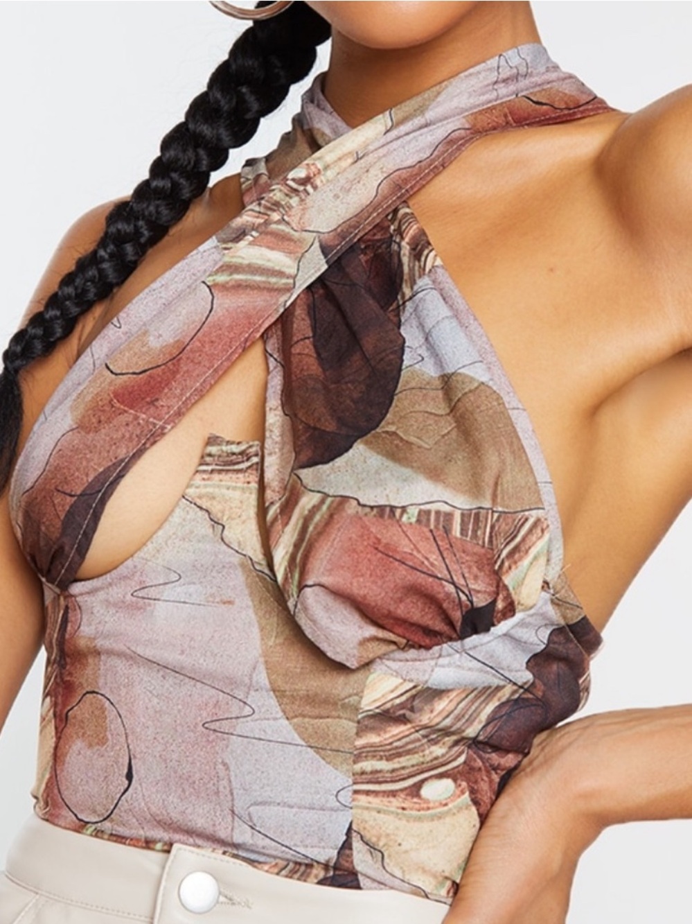 PrettyLittleThing Cross Halter Abstract Print Top in Brown Mix